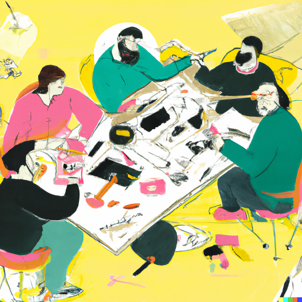 digital illustration of designers sitting around a table in a painterly style, generated by Dall-E and John Wayne Hill