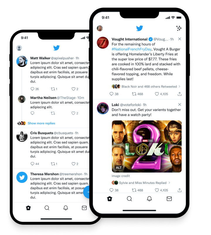 Two iphones showing updated designs for the Twitter home timeline