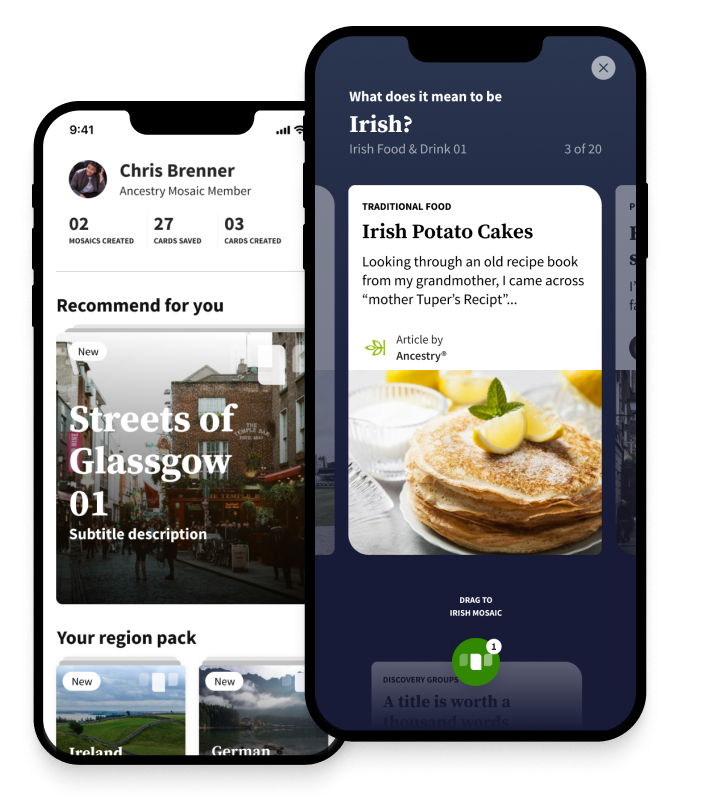 two iPhones showing the Ancestry Mosaic app