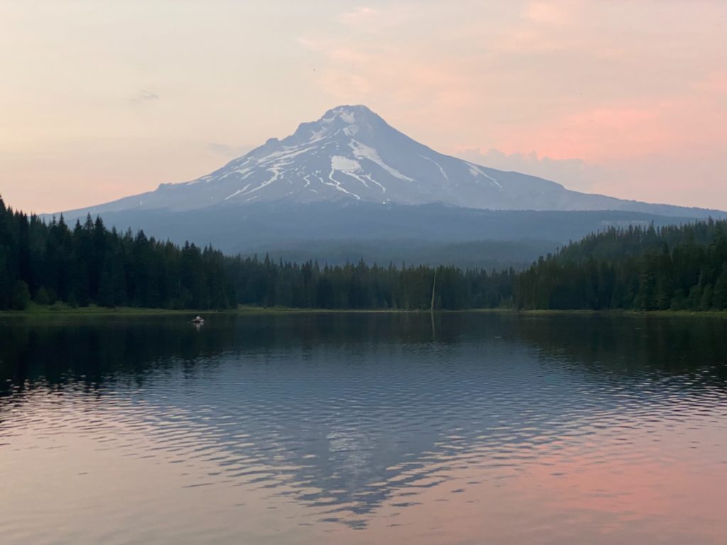 Mt Hood at sunset with reflection of the mountain shown in Lake Trillium