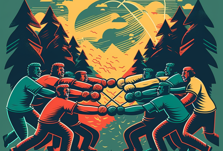 AI generated illustration of a game of tug of war in a forest