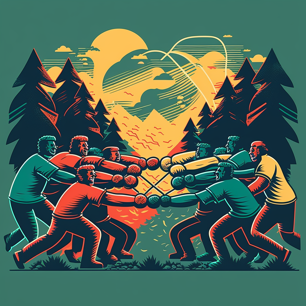 AI generated illustration of a game of tug of war in a forest