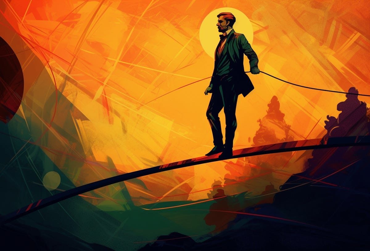 AI-generated illustration of a person balancing on a tightrope with an abstract background
