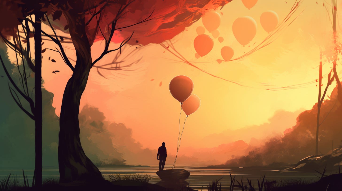 e3e8fcb6-ecb9-40fc-907c-7ad52639bd9d_1456x816 AI-generated illustration of a person letting go of a set of ballons in a lake scene with a tree at sunset