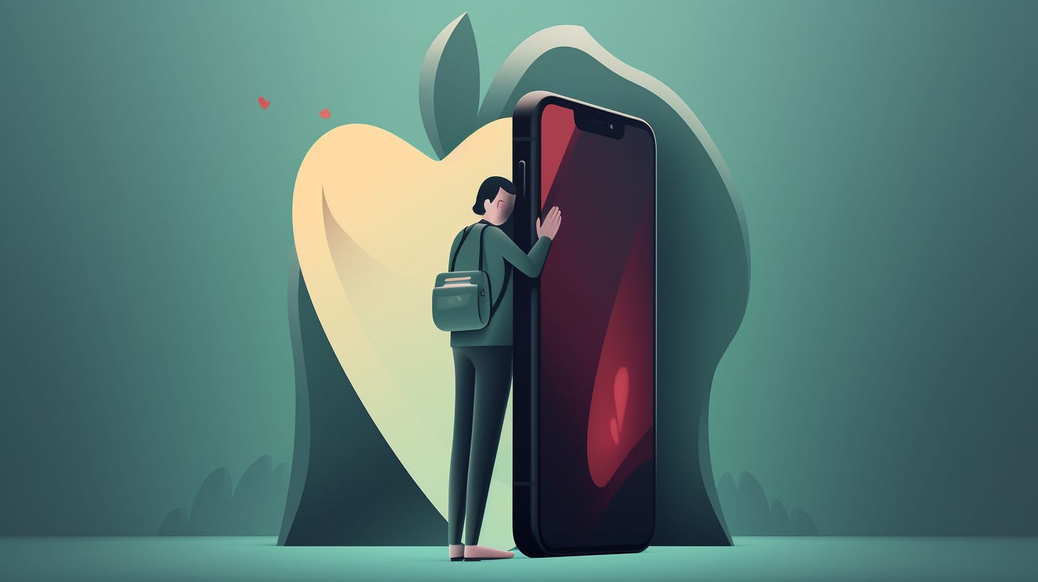 e774e80a-82ee-4e36-89e6-004d1b176b65_1456x816 AI-generated illustration of a person hugging a giant iPhone