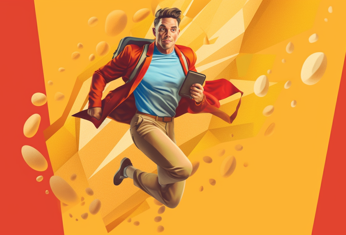 ai-generated illustration of a man in a red jacket with a backpack and a book in his hand running and leaping on an abstract background