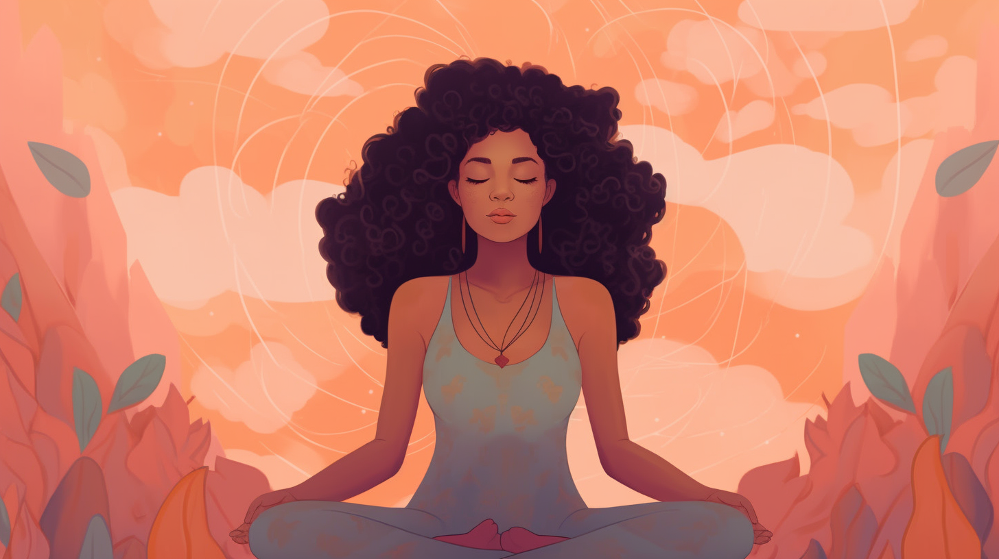 johnwayne_an_illustration_of_a_woman_practicing_self_compassion_96ff810c-d9d9-404e-95d8-79f5e6434b20 ai-illustration of a black woman meditating